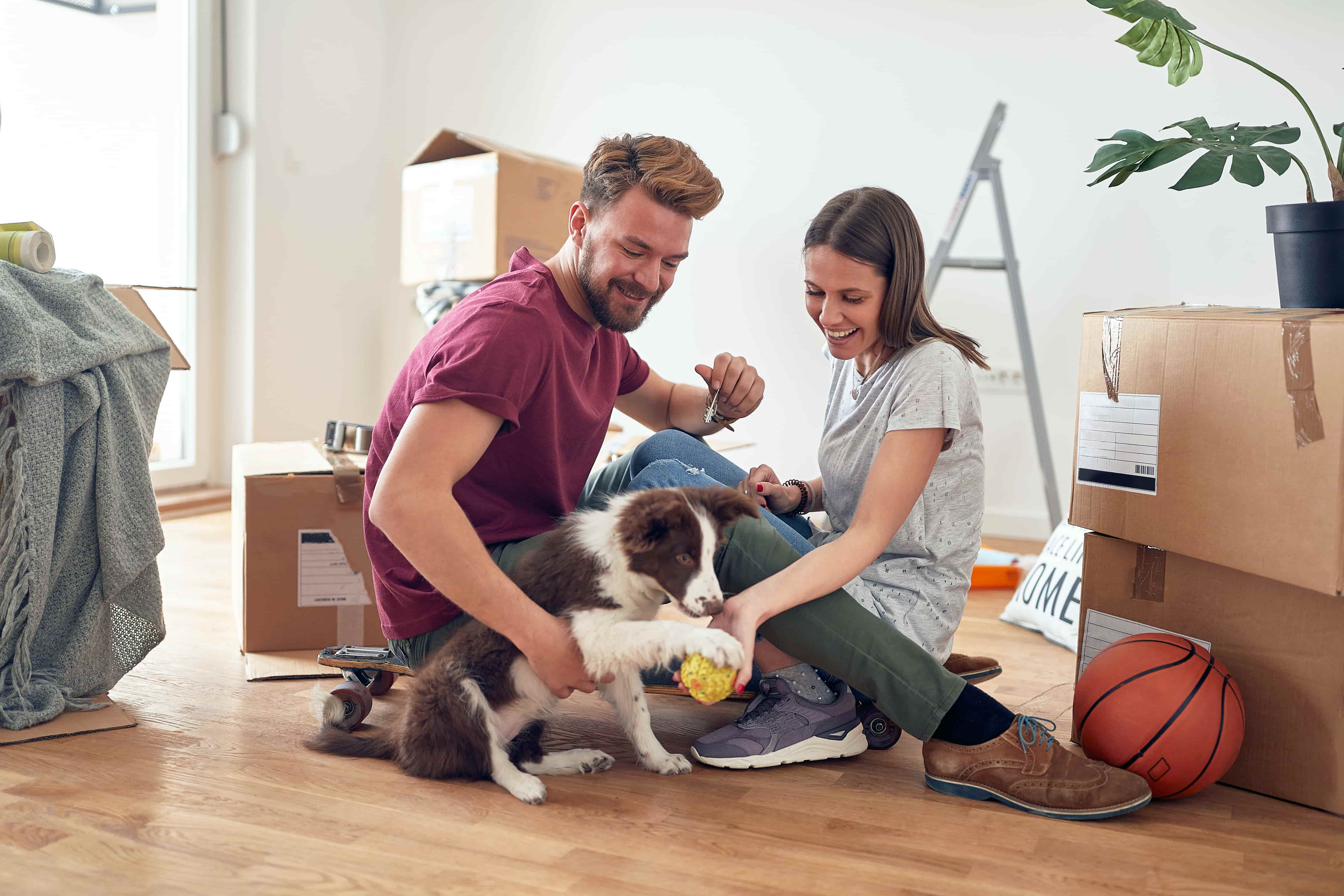 young couple with puppy in front of unpacked moving boxes